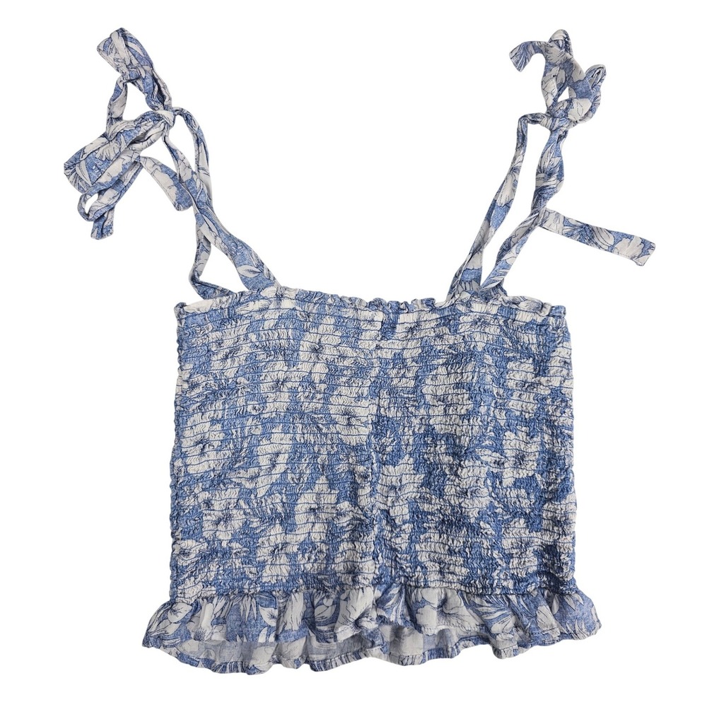 American Eagle Blue White Floral Smocked Tie Shoulder Crop Top Ruffle Hem Medium